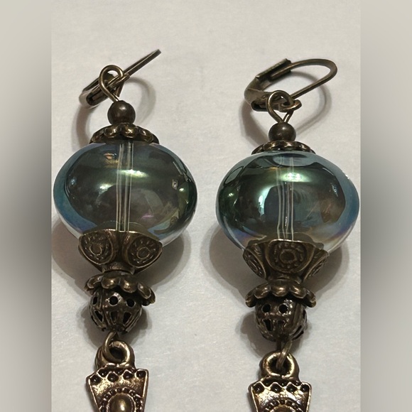 Handmade Boho Bronze Earrings with Iridescent Czech Glass | Gift Ready | Artisan - Picture 3 of 9